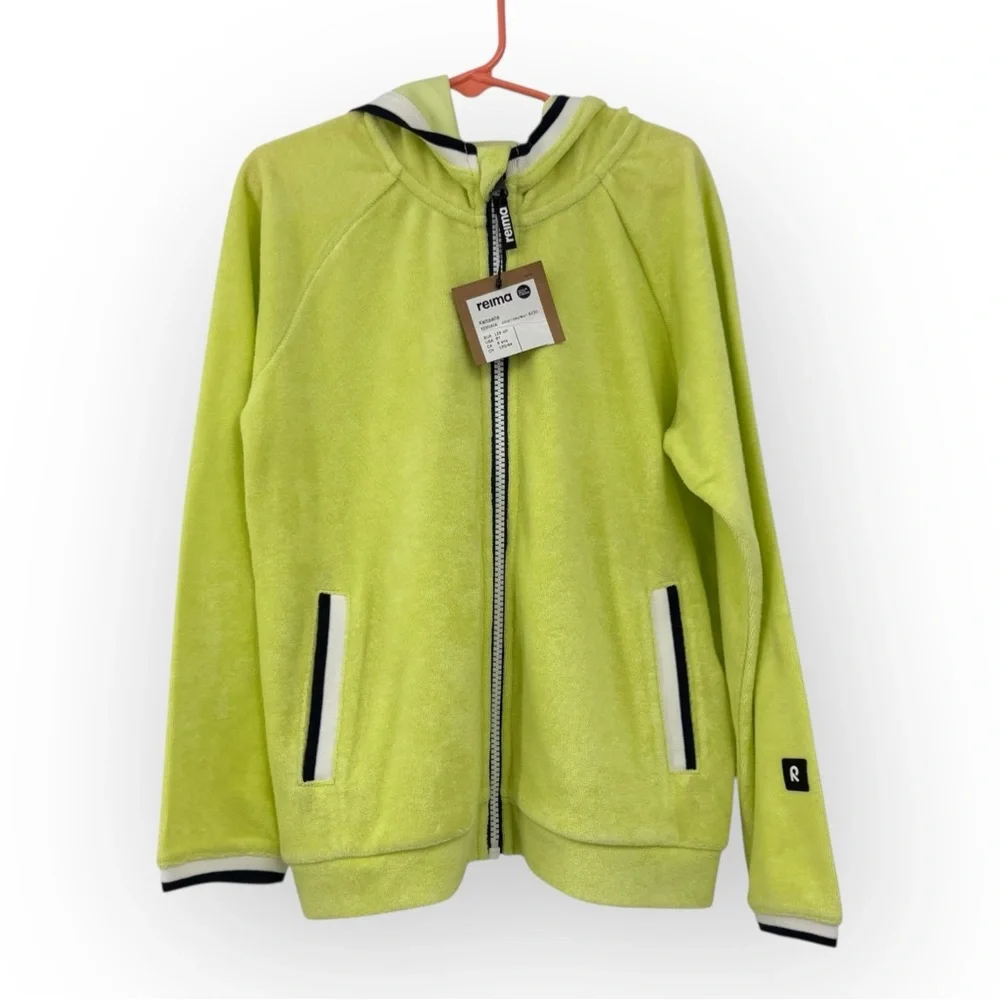 Reima Keitaalla Full Zip Hoodie in Citrus Green Terrycloth Unisex Kids SZ 8 NWT